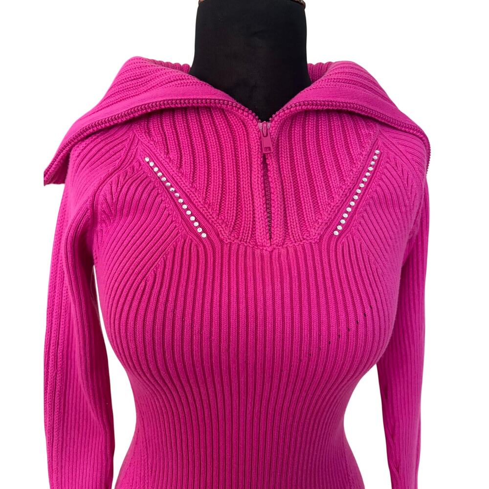 Cache Pink Knit Exaggerated Zipper Collar Swarovski Crystal Top Sweater NWT $138